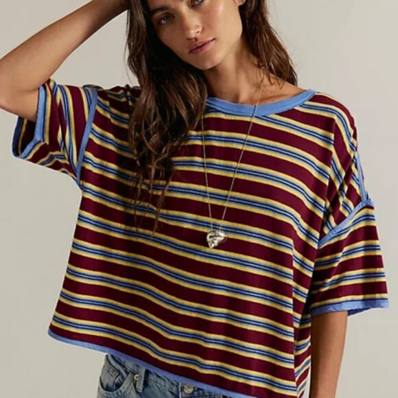 Free People We The Free Clean Rugby Tee Striped Printed Cropped Top L - Picture 1 of 2